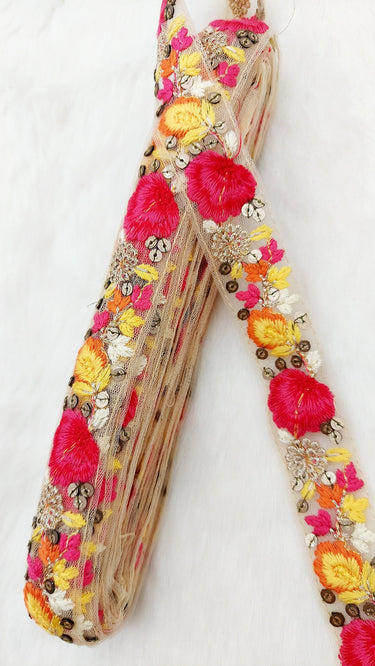 9 Yards Pink and Yellow Soft Net Lace Trim Floral Embroidery and Gold Sequins, Floral Sari Border, Decorative Trim